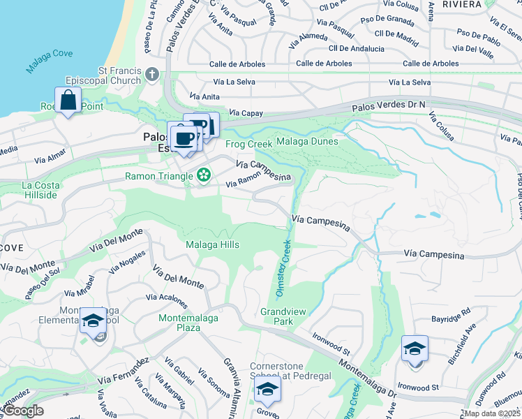 map of restaurants, bars, coffee shops, grocery stores, and more near 2717 Vía Elevado in Palos Verdes Estates