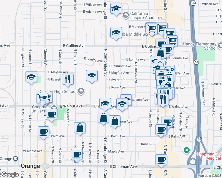 map of restaurants, bars, coffee shops, grocery stores, and more near 934 East Rose Avenue in Orange