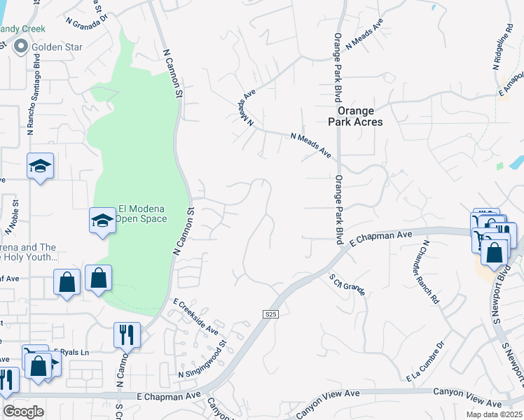 map of restaurants, bars, coffee shops, grocery stores, and more near 6206 East Cliffway Drive in Orange