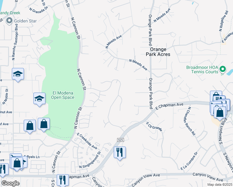 map of restaurants, bars, coffee shops, grocery stores, and more near 6216 East Cliffway Drive in Orange