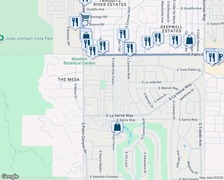 map of restaurants, bars, coffee shops, grocery stores, and more near 708 Maui Lane in Palm Springs