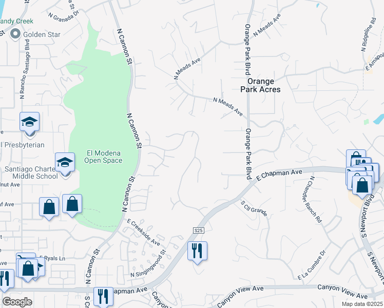 map of restaurants, bars, coffee shops, grocery stores, and more near 6206 East Cliffway Drive in Orange
