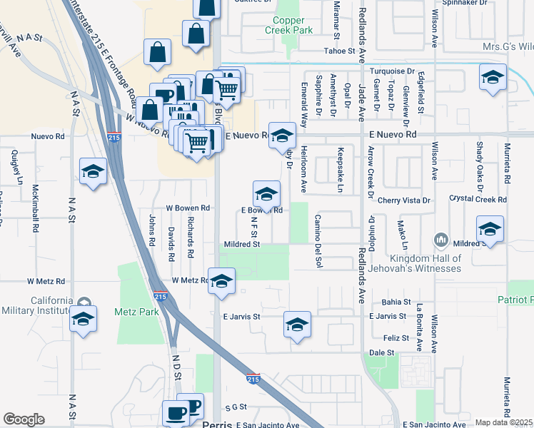 map of restaurants, bars, coffee shops, grocery stores, and more near 1092 North Ramona Drive in Perris