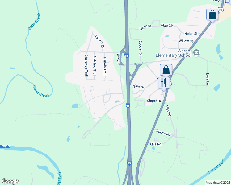 map of restaurants, bars, coffee shops, grocery stores, and more near 9110 Cypress Place in Warrior