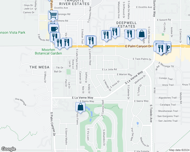 map of restaurants, bars, coffee shops, grocery stores, and more near 1925 South Joshua Tree Place in Palm Springs