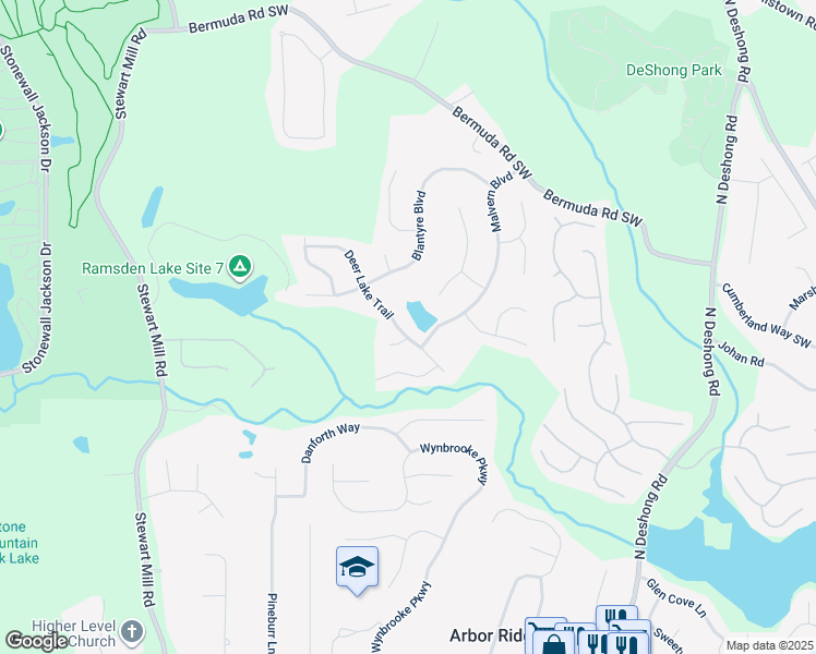 map of restaurants, bars, coffee shops, grocery stores, and more near 698 Deer Lake Trail in Stone Mountain