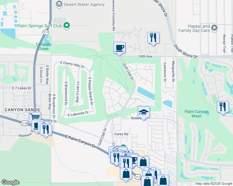 map of restaurants, bars, coffee shops, grocery stores, and more near 5805 Los Coyotes Drive in Palm Springs