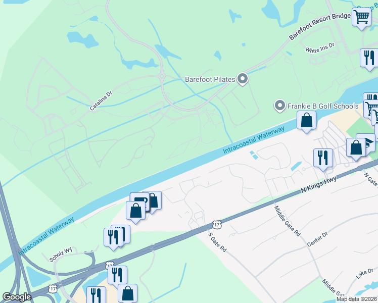 map of restaurants, bars, coffee shops, grocery stores, and more near 2180-5 Waterview Drive in North Myrtle Beach