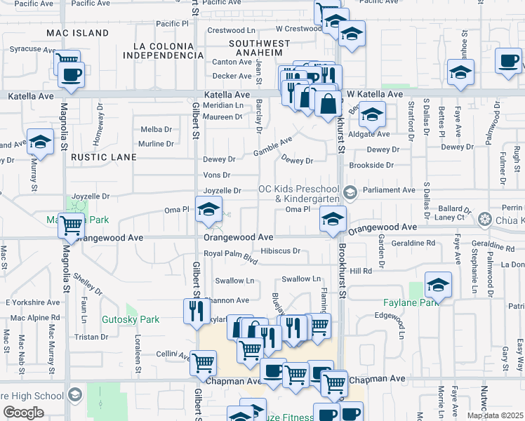 map of restaurants, bars, coffee shops, grocery stores, and more near 11392 Barclay Drive in Garden Grove