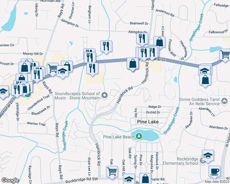 map of restaurants, bars, coffee shops, grocery stores, and more near 4367 Timberlake Lane in Stone Mountain