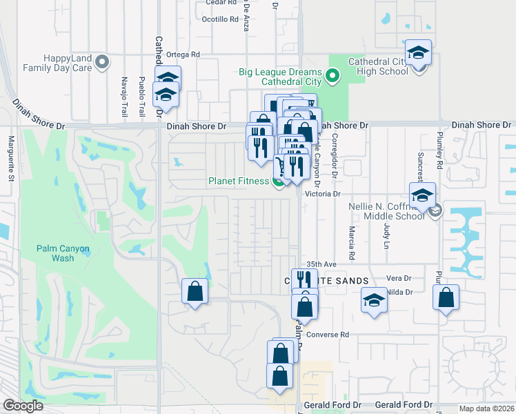 map of restaurants, bars, coffee shops, grocery stores, and more near 106 Coyote in Cathedral City