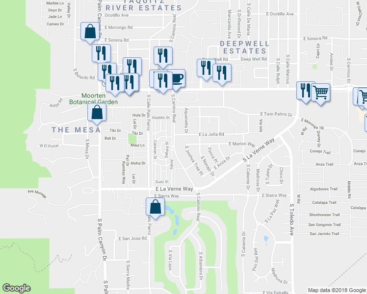 map of restaurants, bars, coffee shops, grocery stores, and more near 1925 South Joshua Tree Place in Palm Springs