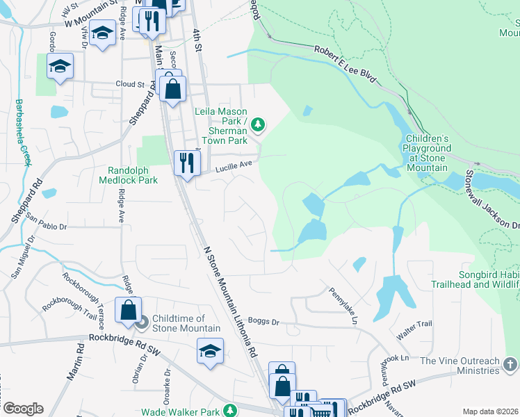 map of restaurants, bars, coffee shops, grocery stores, and more near 690 Pepperwood Lane in Stone Mountain