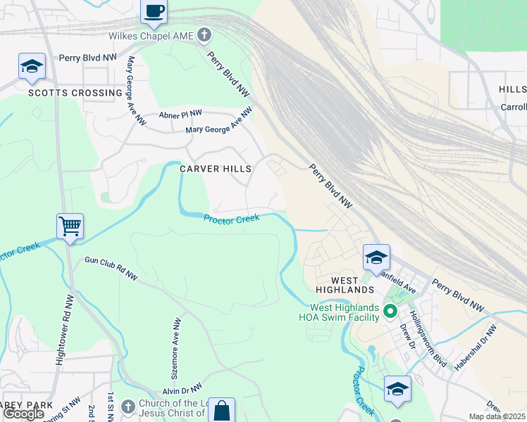 map of restaurants, bars, coffee shops, grocery stores, and more near 2338 Clarissa Drive Northwest in Atlanta