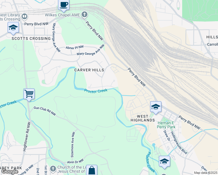 map of restaurants, bars, coffee shops, grocery stores, and more near 2338 Clarissa Drive Northwest in Atlanta