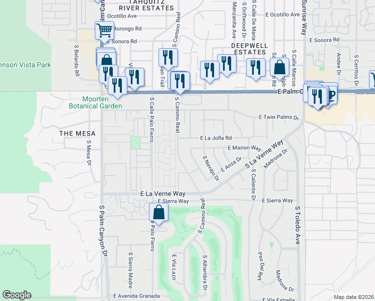 map of restaurants, bars, coffee shops, grocery stores, and more near 1969 South Joshua Tree Place in Palm Springs