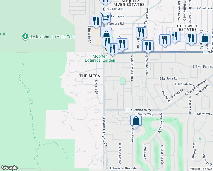 map of restaurants, bars, coffee shops, grocery stores, and more near 1950 South Palm Canyon Drive in Palm Springs