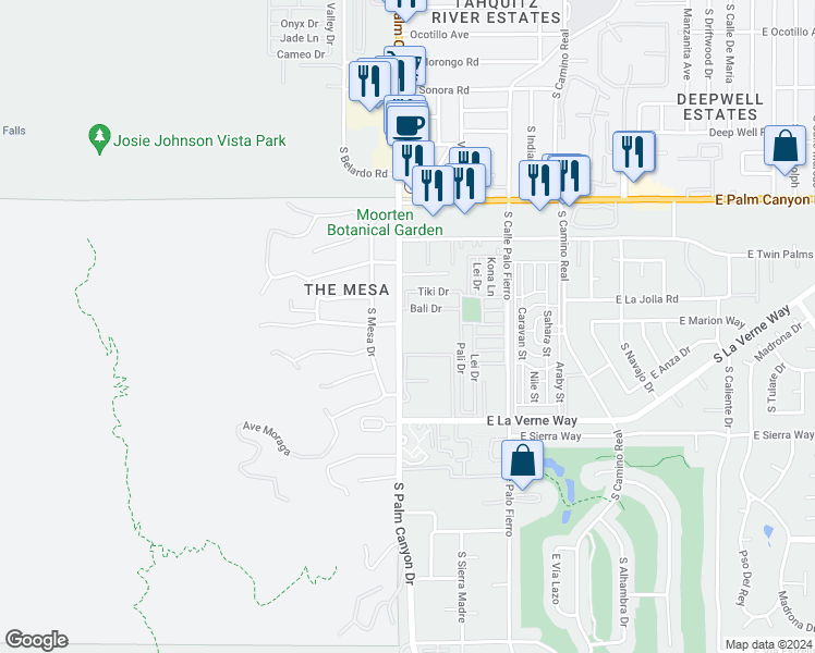 map of restaurants, bars, coffee shops, grocery stores, and more near 1950 South Palm Canyon Drive in Palm Springs