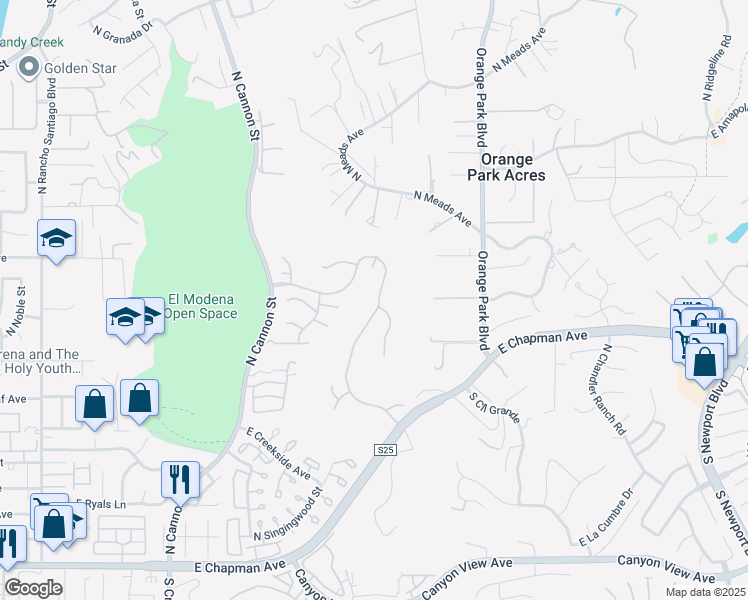 map of restaurants, bars, coffee shops, grocery stores, and more near 6216 East Cliffway Drive in Orange