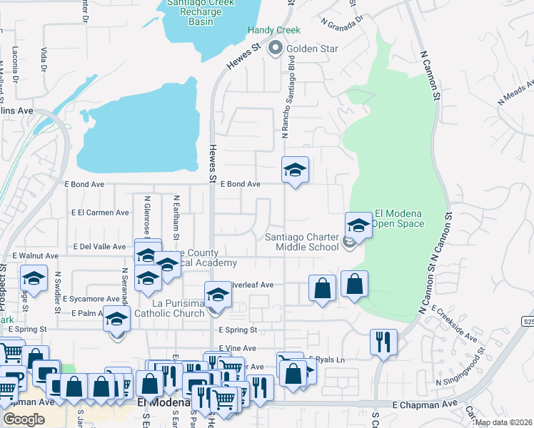 map of restaurants, bars, coffee shops, grocery stores, and more near 570 North Noble Street in Orange