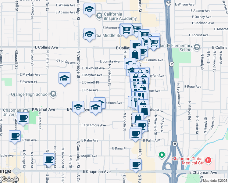 map of restaurants, bars, coffee shops, grocery stores, and more near 583 North California Street in Orange