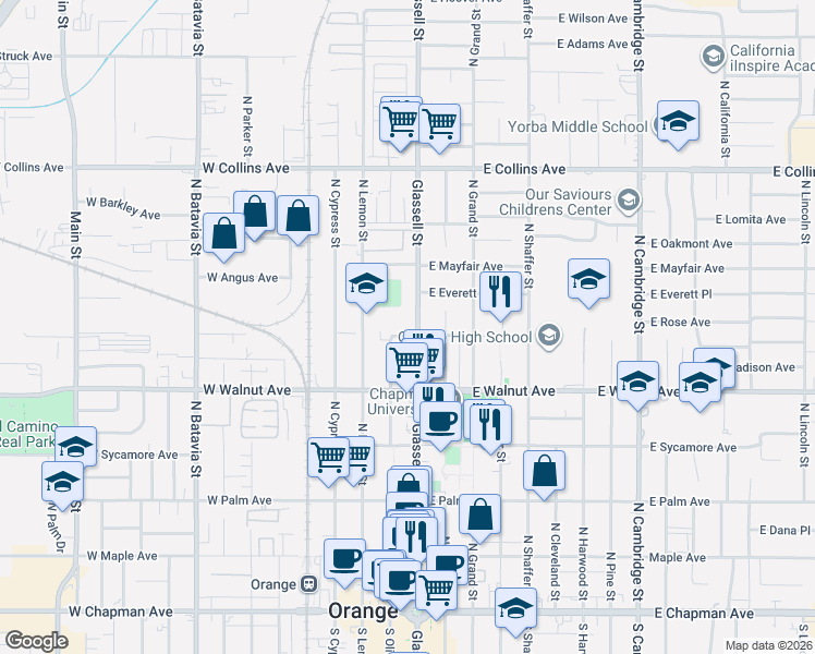 map of restaurants, bars, coffee shops, grocery stores, and more near 576 North Glassell Street in Orange
