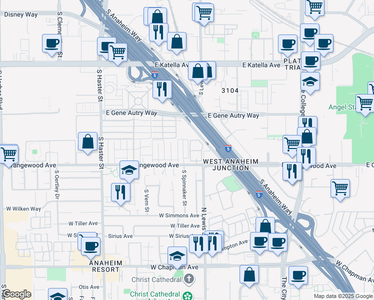 map of restaurants, bars, coffee shops, grocery stores, and more near 835 East Orangewood Avenue in Anaheim