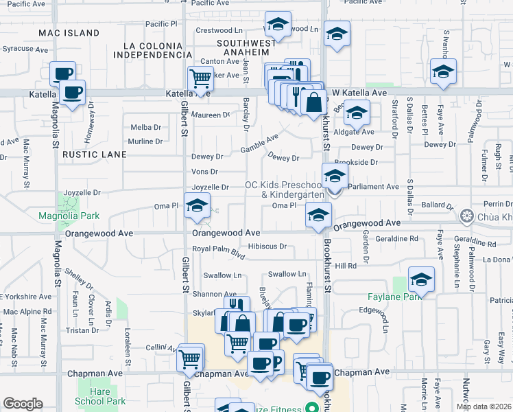 map of restaurants, bars, coffee shops, grocery stores, and more near 11441 Gardenaire Lane in Garden Grove