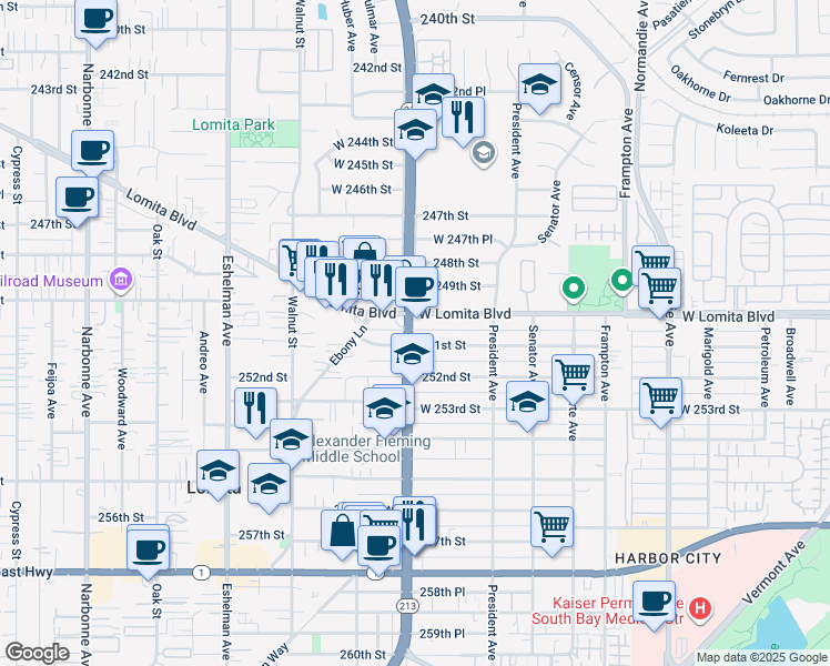 map of restaurants, bars, coffee shops, grocery stores, and more near 1704 251st Street in Lomita