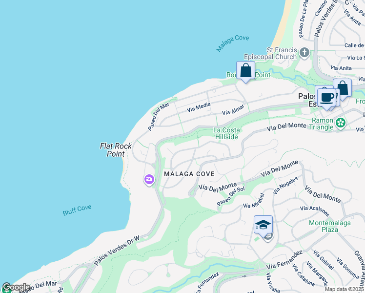 map of restaurants, bars, coffee shops, grocery stores, and more near 1628 Vía Arriba in Palos Verdes Estates