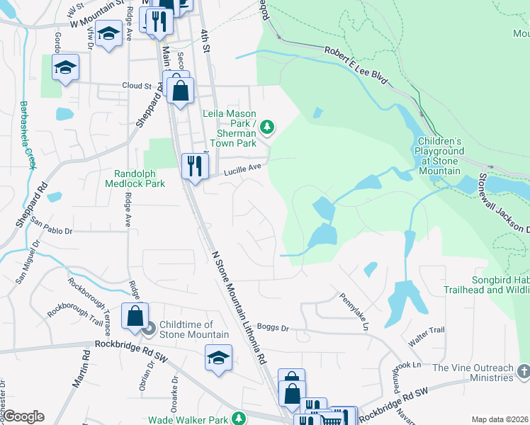 map of restaurants, bars, coffee shops, grocery stores, and more near 696 Pepperwood Lane in Stone Mountain