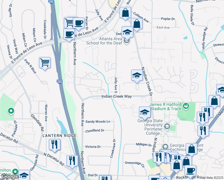 map of restaurants, bars, coffee shops, grocery stores, and more near 3605 Indian Creek Way in Clarkston