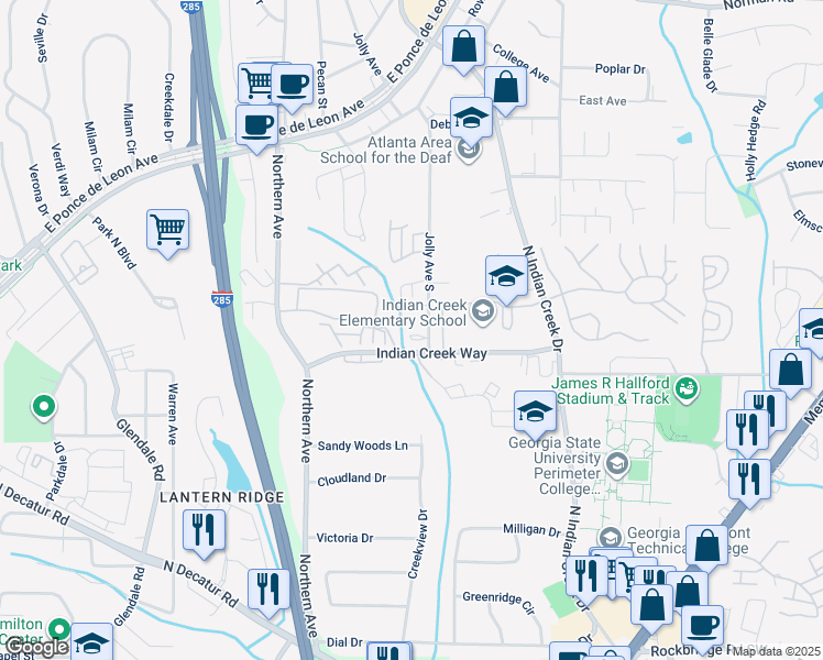 map of restaurants, bars, coffee shops, grocery stores, and more near 3605 Indian Creek Way in Clarkston