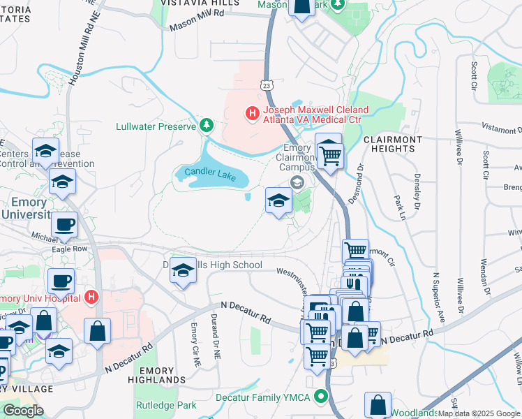 map of restaurants, bars, coffee shops, grocery stores, and more near 2425 Dooley Dr in Decatur