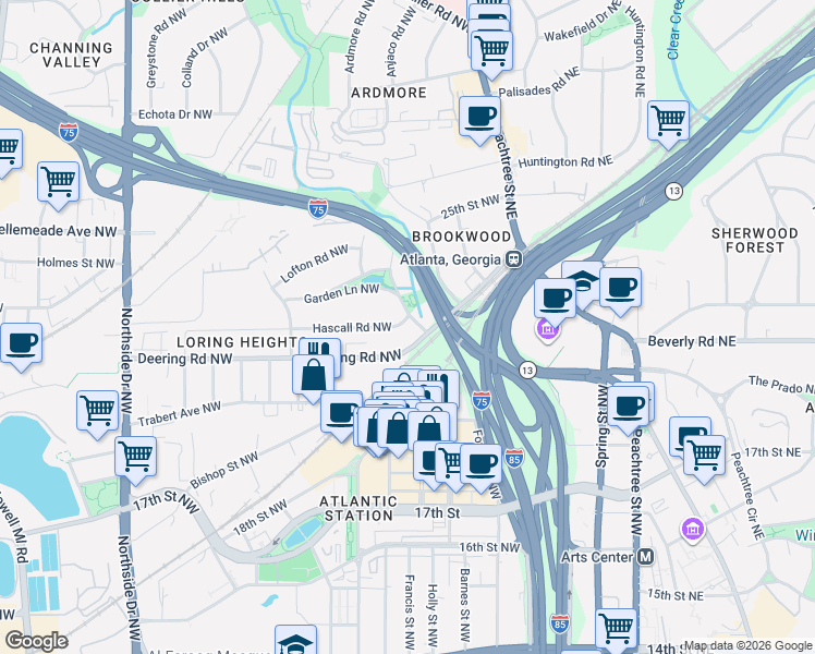 map of restaurants, bars, coffee shops, grocery stores, and more near 297 Deering Road Northwest in Atlanta