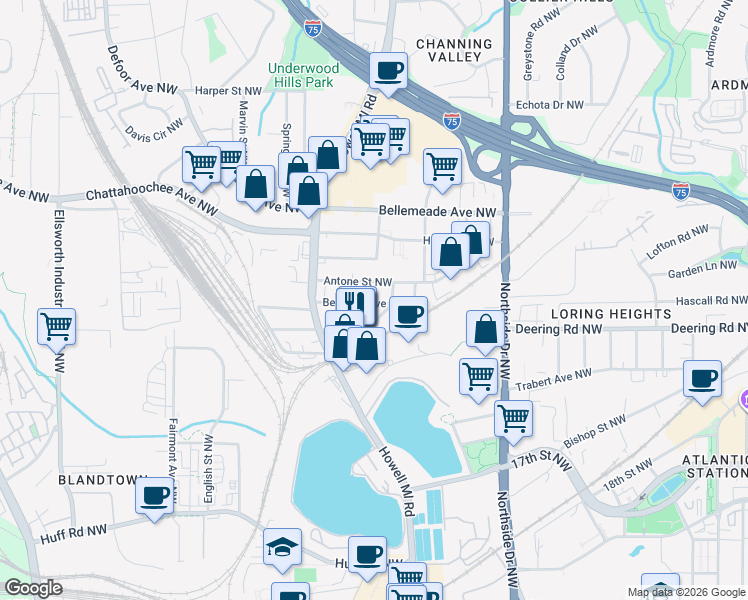 map of restaurants, bars, coffee shops, grocery stores, and more near 777 Forrest Street Northwest in Atlanta