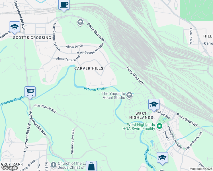 map of restaurants, bars, coffee shops, grocery stores, and more near 2338 Clarissa Drive Northwest in Atlanta