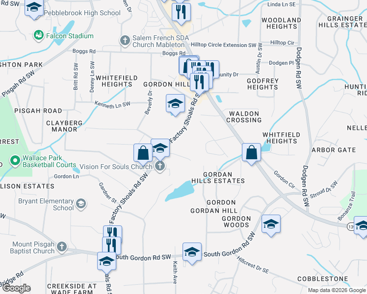 map of restaurants, bars, coffee shops, grocery stores, and more near 6443 Factory Shoals Road Southwest in Mableton