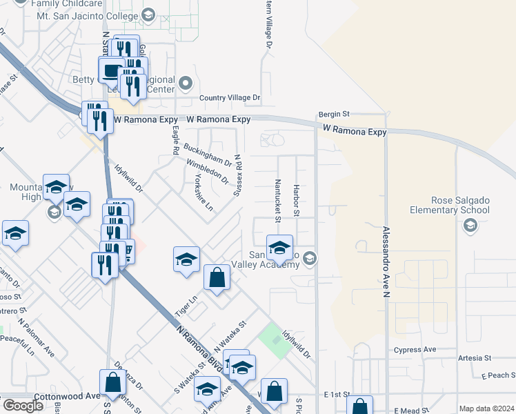 map of restaurants, bars, coffee shops, grocery stores, and more near 268 Starboard Court in San Jacinto