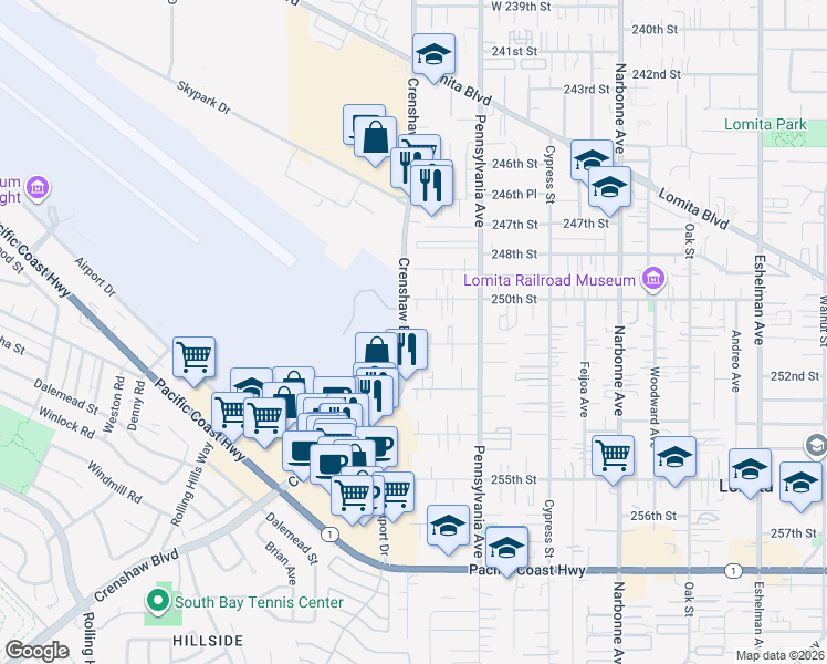 map of restaurants, bars, coffee shops, grocery stores, and more near 2462 251st Street in Lomita