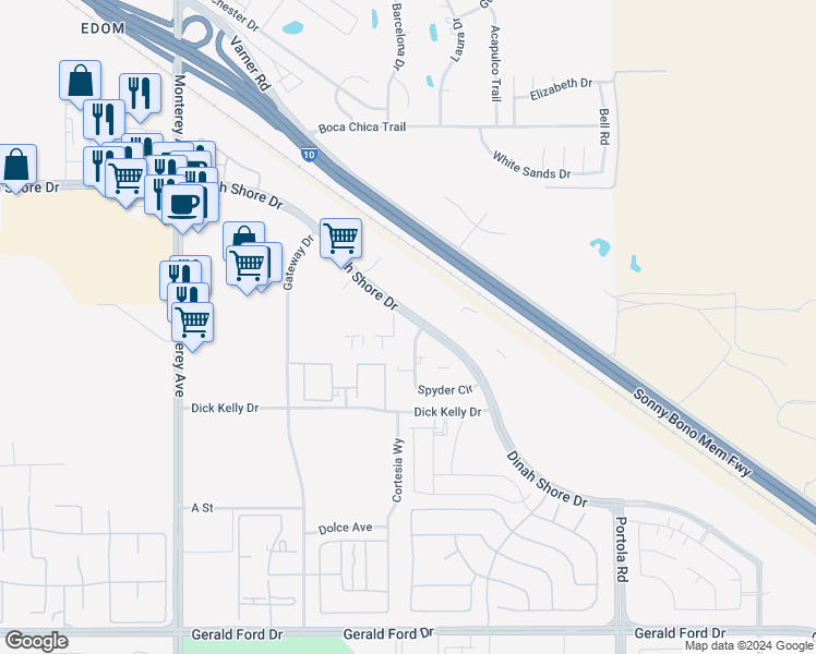 map of restaurants, bars, coffee shops, grocery stores, and more near Dinah Shore Drive in Palm Desert