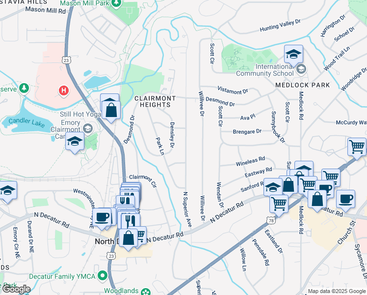 map of restaurants, bars, coffee shops, grocery stores, and more near 698 North Superior Avenue in Decatur