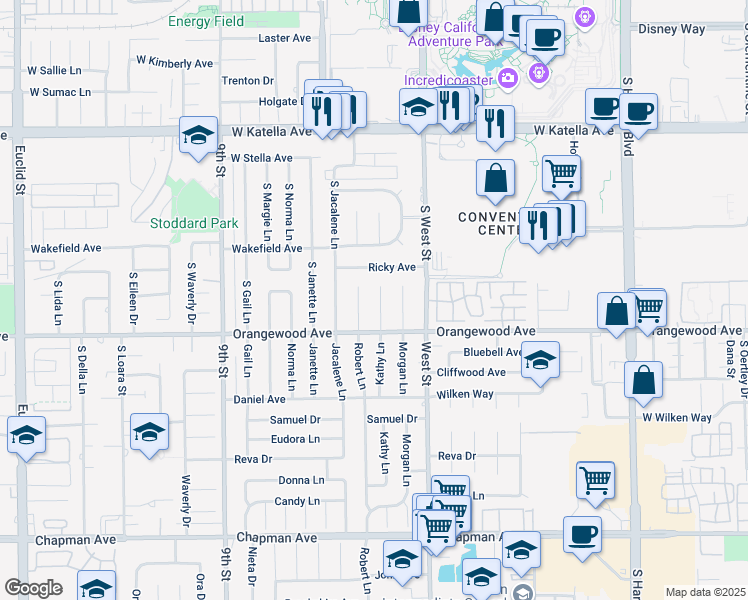 map of restaurants, bars, coffee shops, grocery stores, and more near 11401 Kathy Lane in Garden Grove
