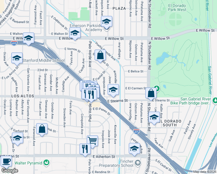 map of restaurants, bars, coffee shops, grocery stores, and more near 2241 Josie Avenue in Long Beach