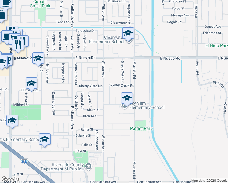 map of restaurants, bars, coffee shops, grocery stores, and more near 1204 Hollowood Court in Perris