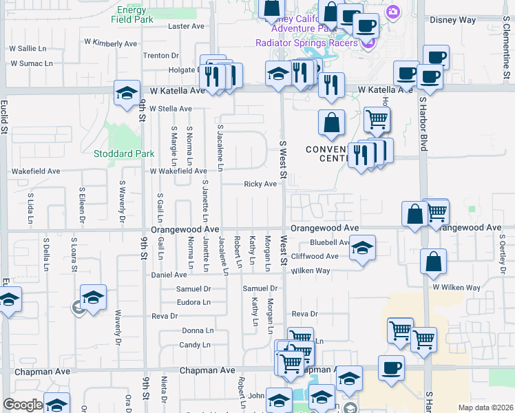 map of restaurants, bars, coffee shops, grocery stores, and more near 11442 Kathy Lane in Garden Grove