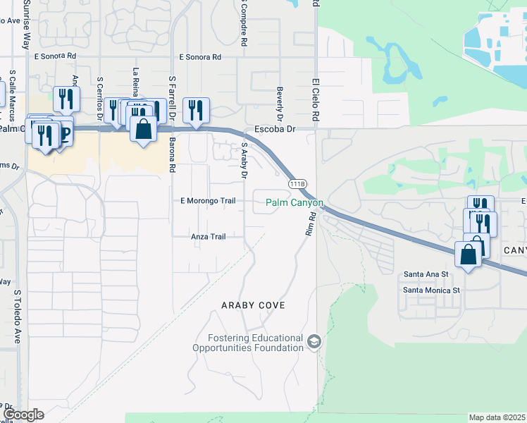 map of restaurants, bars, coffee shops, grocery stores, and more near 2938 Twilight Lane in Palm Springs