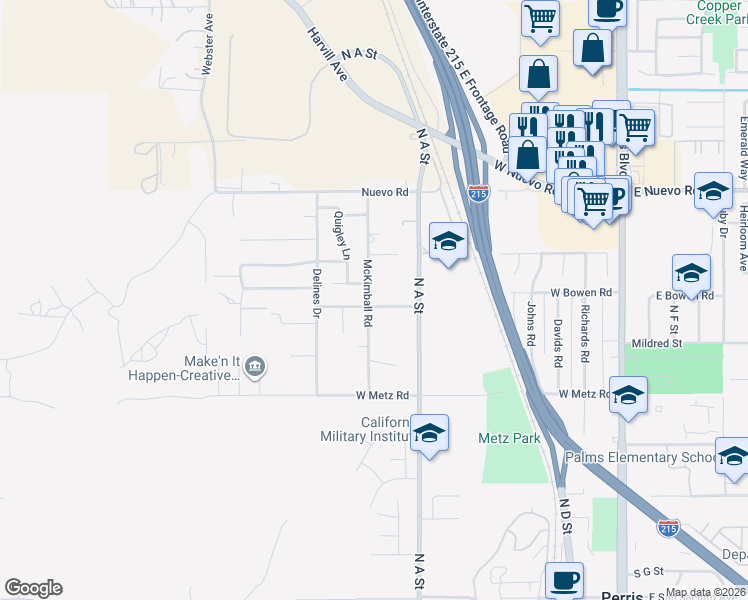 map of restaurants, bars, coffee shops, grocery stores, and more near 498 Serrana Road in Perris