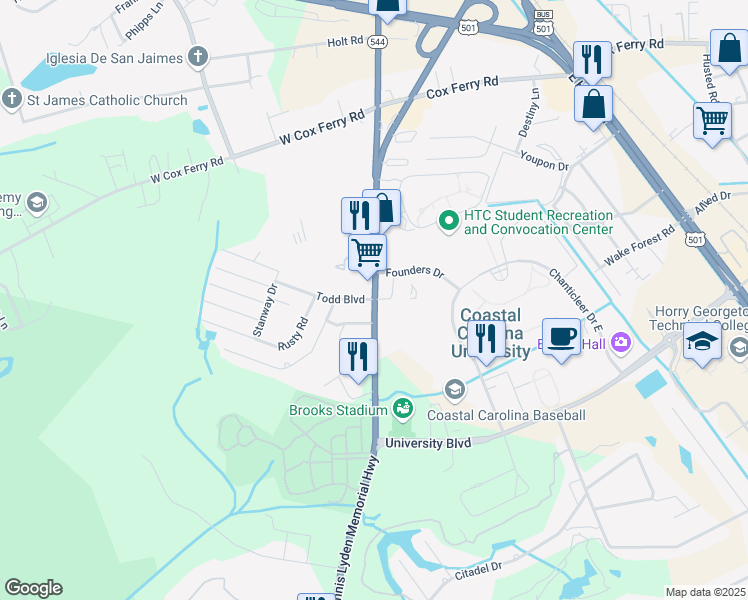 map of restaurants, bars, coffee shops, grocery stores, and more near 411 Todd Boulevard in Conway