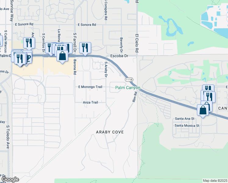 map of restaurants, bars, coffee shops, grocery stores, and more near 2938 Twilight Lane in Palm Springs